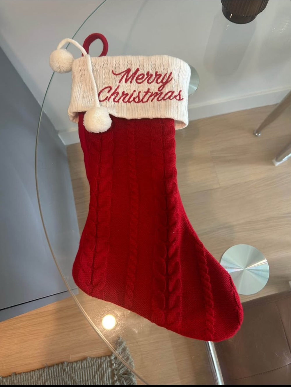 Merry Christmas Red Knit Holiday Stocking with White Cuff